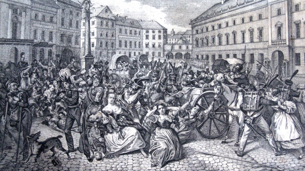 Porwanie dzieci polskich przez żołnierzy rosyjskich na Placu Zamkowym - obraz XIX wieczny nieznanego autora